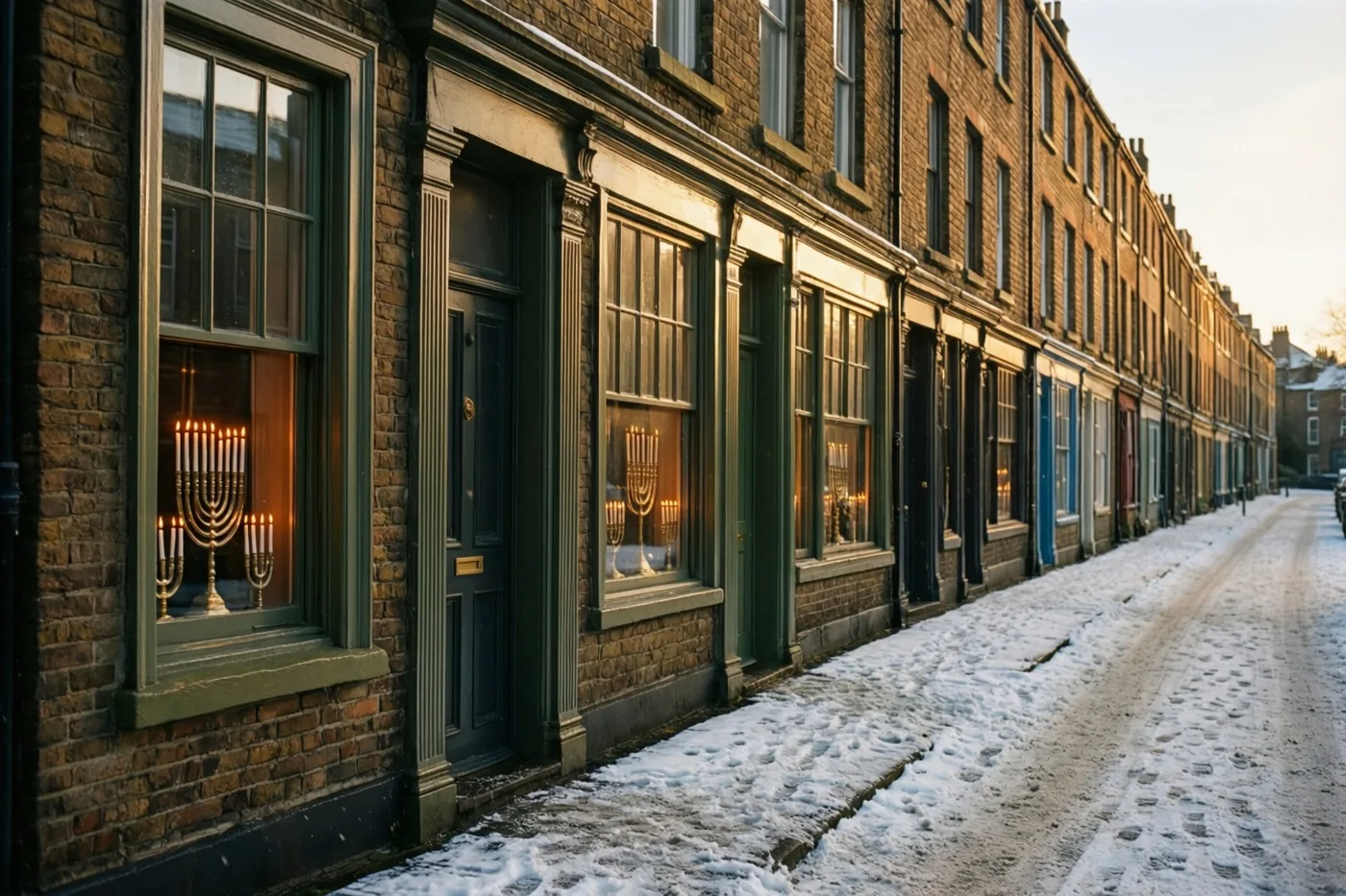 Een rij aaneengesloten huizen met een besneeuwd voetpad toont in elk raam een brandende kandelaar, met warm gouden licht tegen de koele winterkleuren.