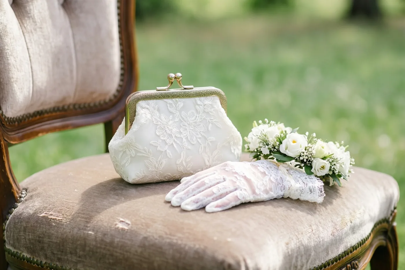 Een oud wit kanten handtasje, kanten handschoenen en een wit boeket liggen op een versleten, verbleekte fluwelen stoel buiten, met een wazig groen gazon op de achtergrond.