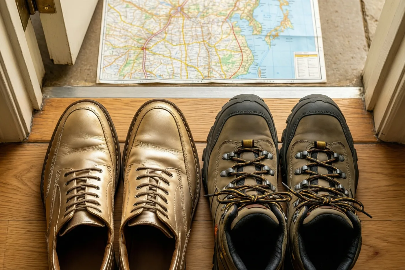 Een paar versleten goudkleurige kantoorschoenen en nieuwe bruine wandelschoenen staan op een houten vloer bij een deuropening, met een landkaart op de drempel.
