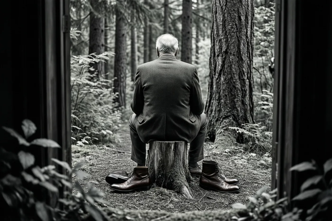Een zwart-witfoto toont van achteren een oudere man met wit haar in een pak op een boomstronk in het bos, met gepoetste kantoorschoenen naast zijn wandelschoenen en donkere verticale elementen aan de randen.