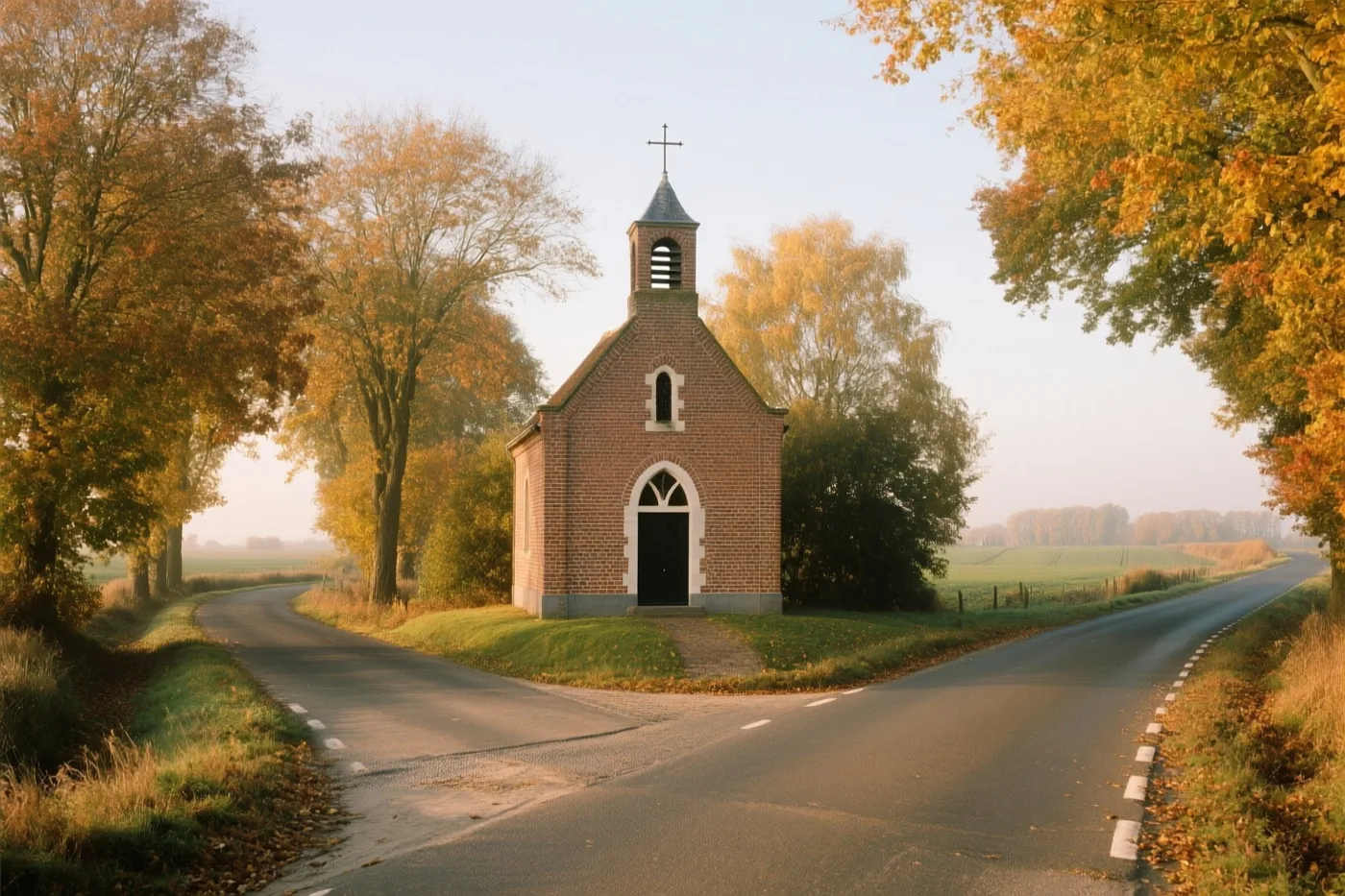Een kleine bakstenen kapel staat aan een kruispunt op het Vlaamse platteland, omringd door goudkleurige herfstbomen in zacht, warm licht.