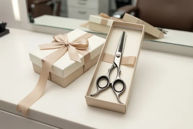 Een kappersschaar ligt in een open beige geschenkdoos naast een gesloten doos met beige lint op een witte salontoog, met een spiegel op de achtergrond.