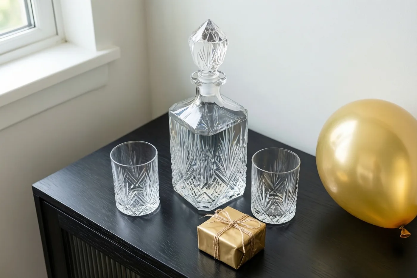 Een kristallen karaf met twee bijpassende glazen, een goudkleurig ingepakt cadeautje en een gouden ballon staan op een donker houten dressoir bij een raam.