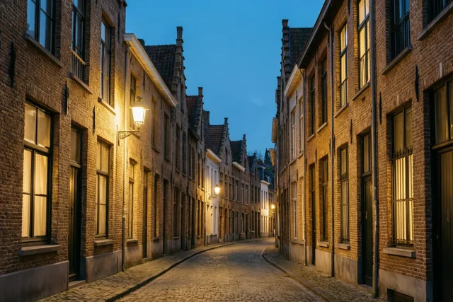 Een smalle kasseistraat loopt tussen traditionele Belgische bakstenen huizen met verlichte ramen en wandlantaarns onder een diepblauwe schemerlucht.