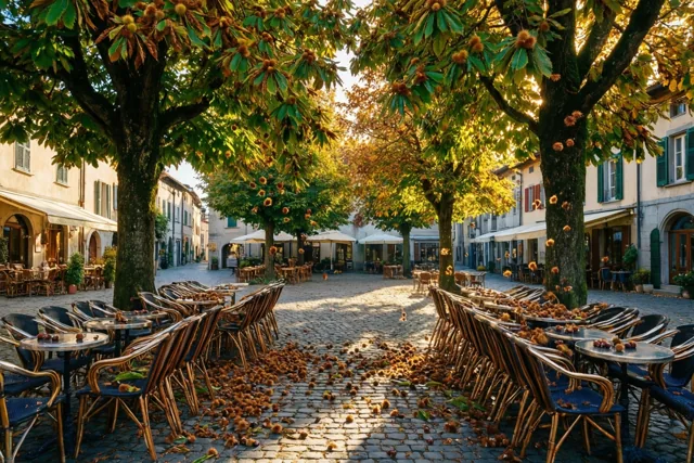 Kastanjebomen laten stekelige kastanjebolsters vallen op een gekasseid dorpsplein tussen rijen gestapelde caféstoelen in warm herfstlicht.