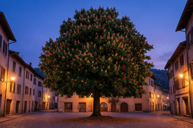 Een grote bloeiende kastanjeboom staat op een dorpsplein met kasseien en traditionele gebouwen, verlicht door warme straatlampen in de blauwe schemering.