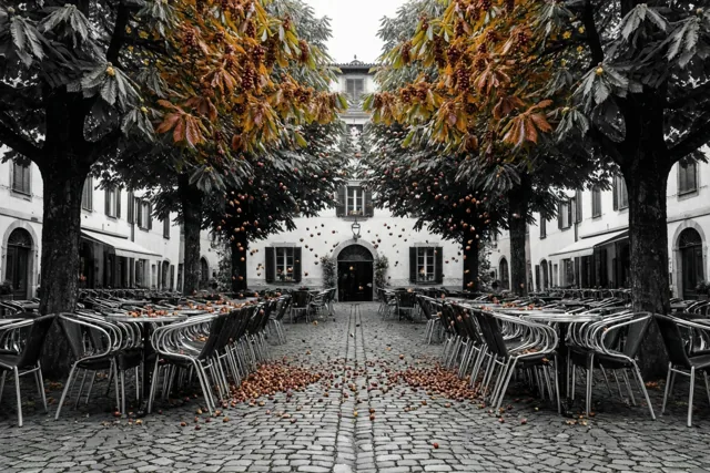 Kastanjebomen in herfstkleuren laten kastanjes vallen op een gekasseid dorpsplein en gestapelde caféstoelen, met warme kleuren tegen een monochrome achtergrond.