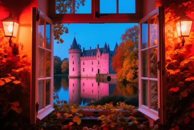 Door een open raam is een Vlaams kasteel met slotgracht en herfstbomen te zien, met warm oranje-rood binnenlicht tegenover een blauwe schemerlucht en blauw water.
