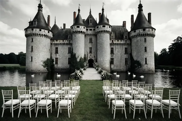Een zwart-witfoto toont een groot stenen kasteel met meerdere torentjes, een slotgracht en witte stoelen op het gazon voor een huwelijksceremonie.