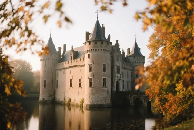 Een Vlaams kasteel met slotgracht staat tussen bomen met gouden herfstbladeren in zacht warm licht.