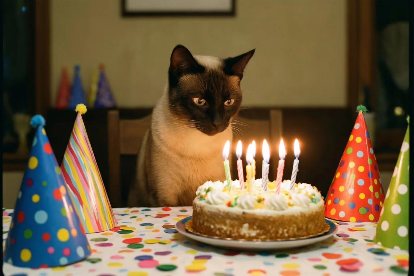 Een Siamese kat kijkt naar een taart met brandende kaarsjes aan een warm verlichte feesttafel met kleurrijke papieren hoedjes en een gestipt tafelkleed.