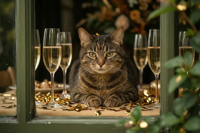 De kat viert rustig mee