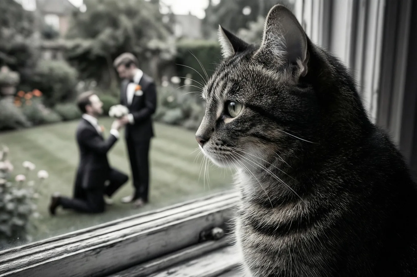 Een gestreepte kat kijkt vanaf een vensterbank naar een man in pak die met een boeket in de tuin knielt om een andere man ten huwelijk te vragen, in een beeld met gedempte kleuren.