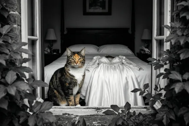 Een gestreepte kat zit op een vensterbank naast een witte doopjurk die aan een bed hangt, met bladeren buiten het raam en kleuraccenten op de kat en jurk in een verder zwart-wit beeld.
