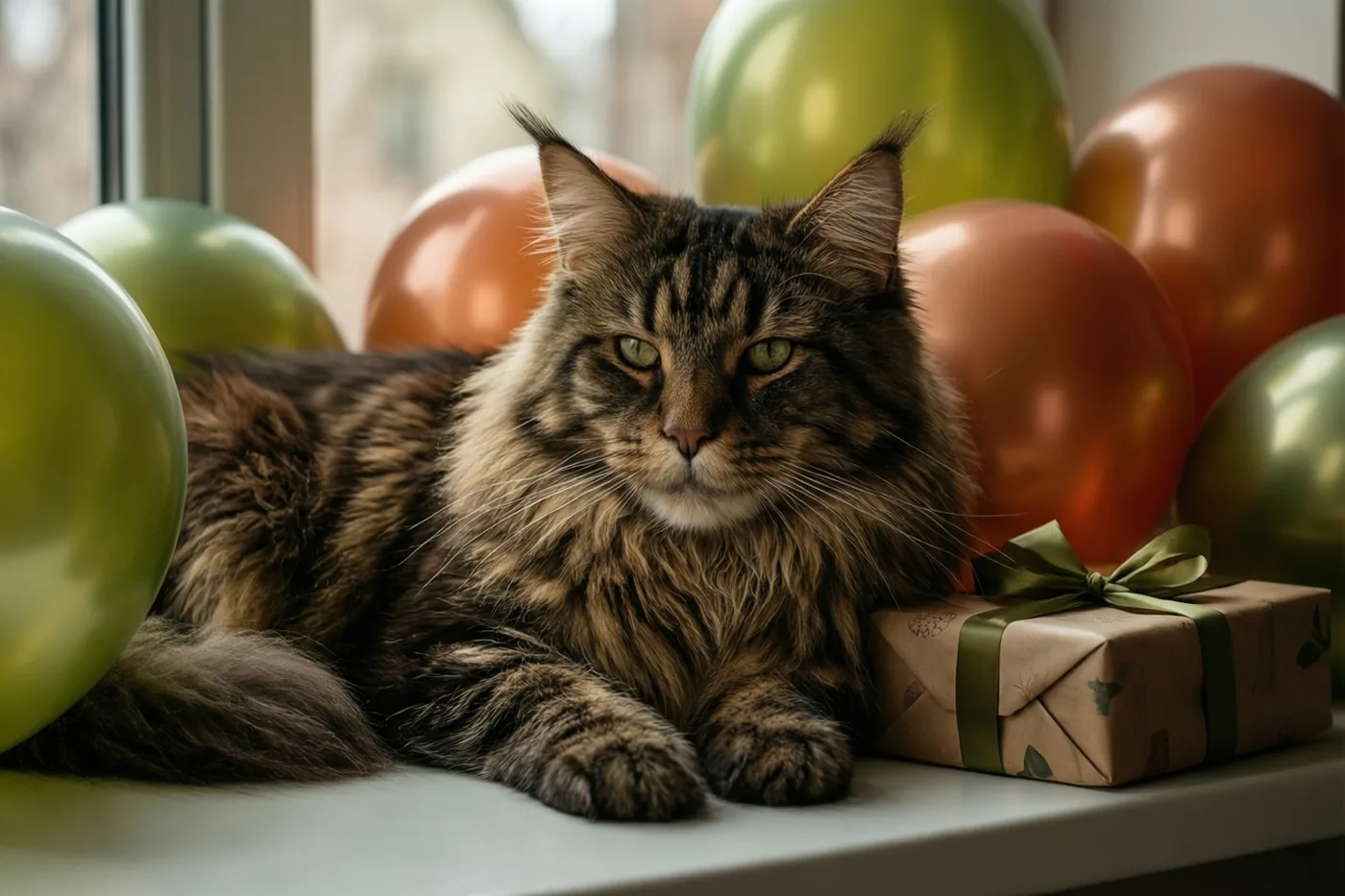 Een pluizige Maine Coon ligt op een vensterbank tussen groene en oranje ballonnen, met een ingepakt cadeau ernaast in het warme daglicht.