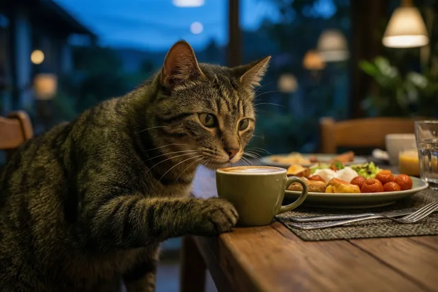 De kat neemt koffiepauze