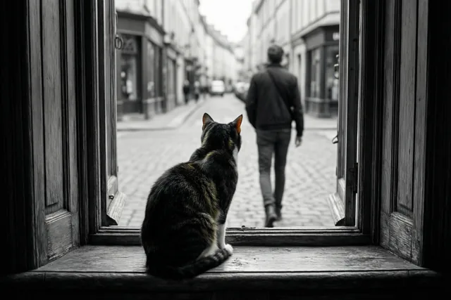 Op een zwart-witfoto zit een kat op een houten vensterbank en kijkt naar iemand die door een kasseistraat wegwandelt.