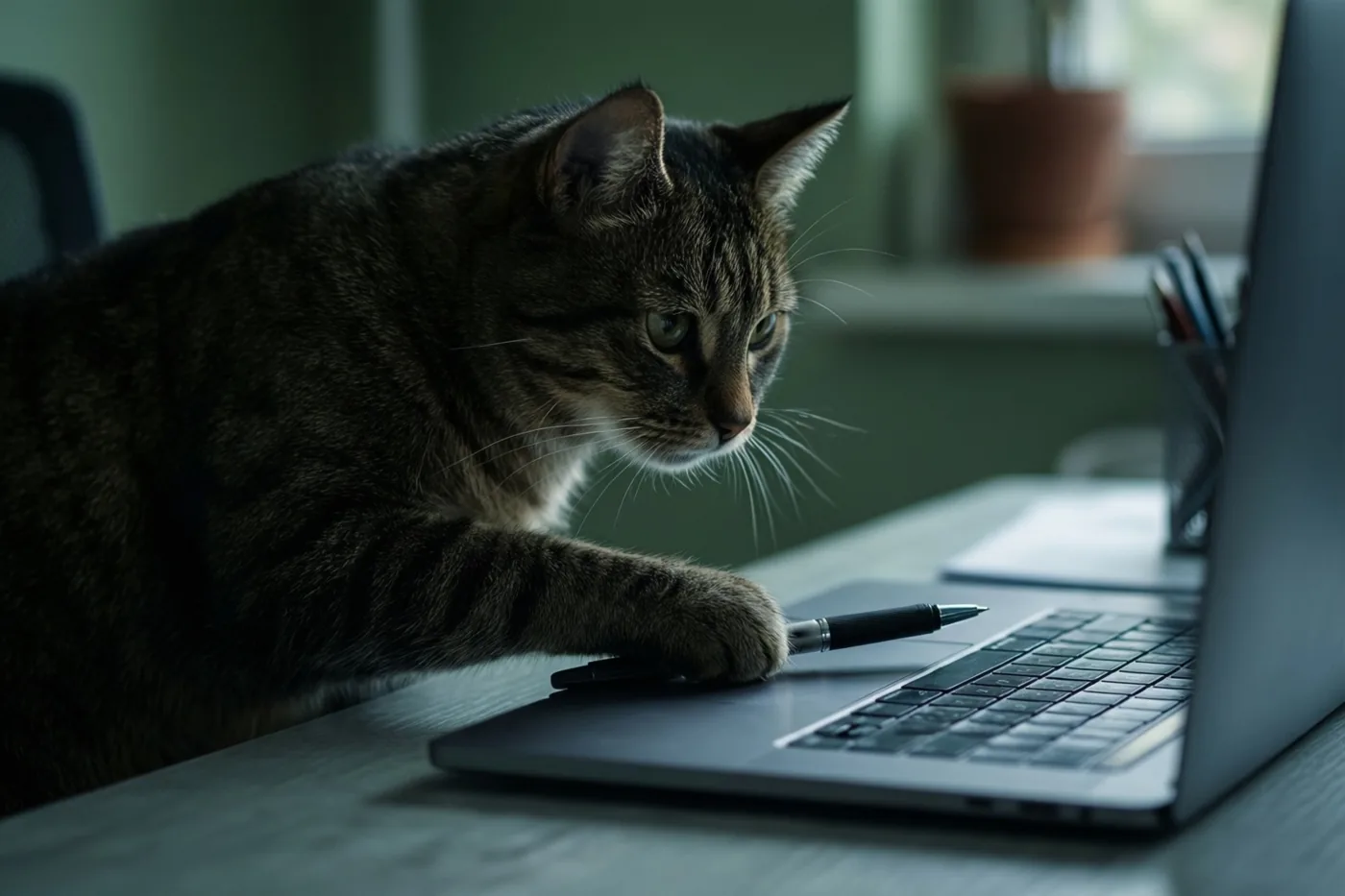 Een gestreepte kat ligt op een bureau en duwt met haar poot een pen van een laptop in een schemerige kamer met gedempte groene en grijze tinten.