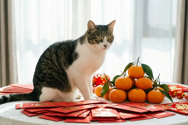 Een gestreepte kat met witte vacht zit op een tafel naast rode enveloppen en gestapelde mandarijnen met groene bladeren, voor een licht raam met doorschijnende gordijnen.