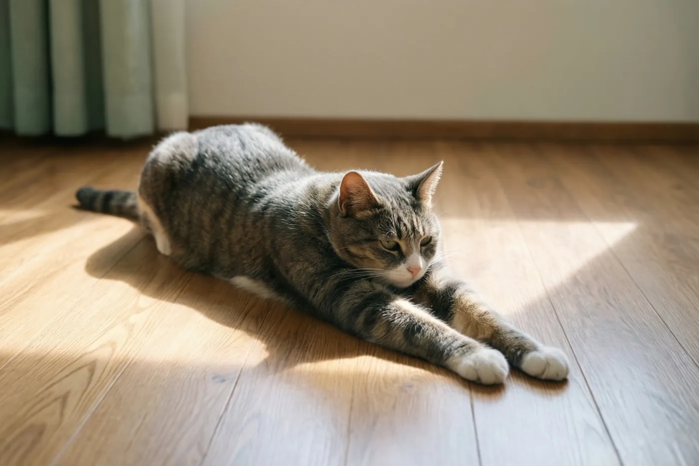 Een gestreepte kat rekt zich uit in een zonnige plek op een houten vloer, met een effen muur en gordijnen op de achtergrond.