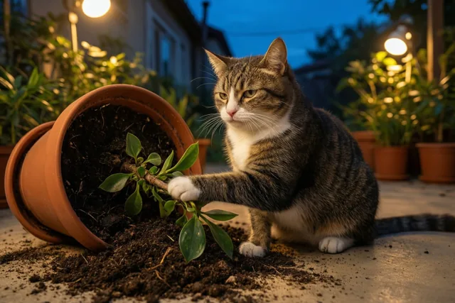 Een tijgerkat met witte poten zit buiten in de schemering naast een omgevallen terracotta pot, met een poot op de uitgevallen plant en aarde en warme lampen op de achtergrond.
