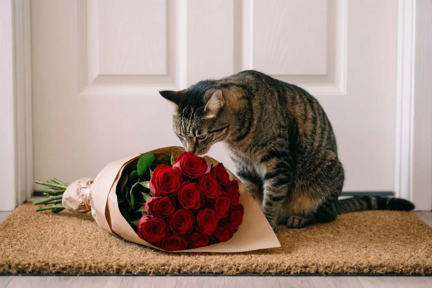 Een gestreepte kat snuffelt aan rode rozen in bruin papier op een bruine deurmat voor een witte deur.