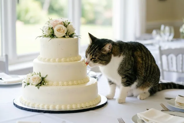 Kattenneus bij de bruidstaart