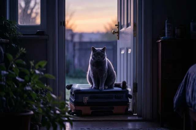 Een grijze kat zit op een koffer bij een open deuropening met zicht op de zonsopgang, in zachte blauwe, grijze en oranje tinten.