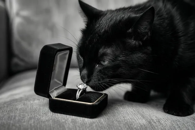 Een nieuwsgierige kat, een verlovingsring