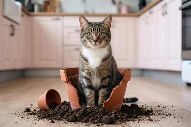 Een gestreepte kat met witte borst zit in een gebroken terracotta bloempot op een houten keukenvloer, tussen gemorste aarde en met lichtroze kasten achter zich.