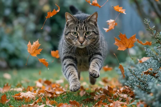 Een tijgerkat springt met alle vier de poten van de grond tussen dwarrelende oranje bladeren in een tuin met groen gras en groenblijvende struiken.
