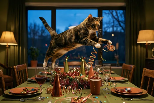 Een gestreepte kat springt boven een nieuwjaarstafel met slingers en feesthoedjes in een warm verlichte eetkamer, met blauwe schemertinten achter het raam.