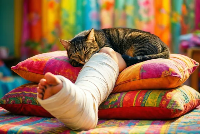 Een gestreepte kat slaapt op kleurrijke kussens met patronen die ook een mensenbeen in wit gips ondersteunen, met veelkleurige stoffen op de onscherpe achtergrond.