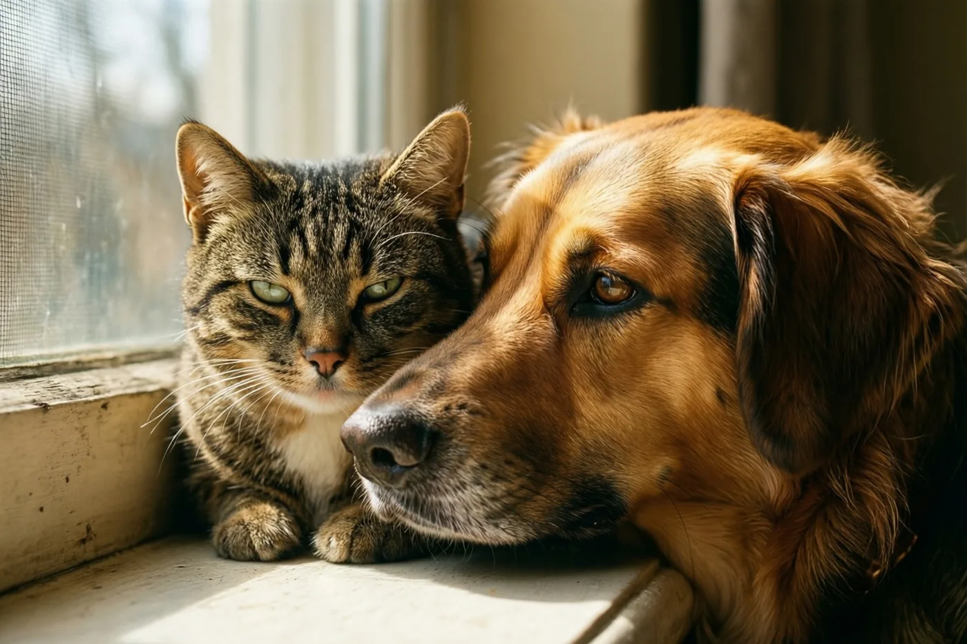 Een gestreepte kat en een goudbruine hond liggen tegen elkaar op een vensterbank in het warme zonlicht dat door het raam valt.