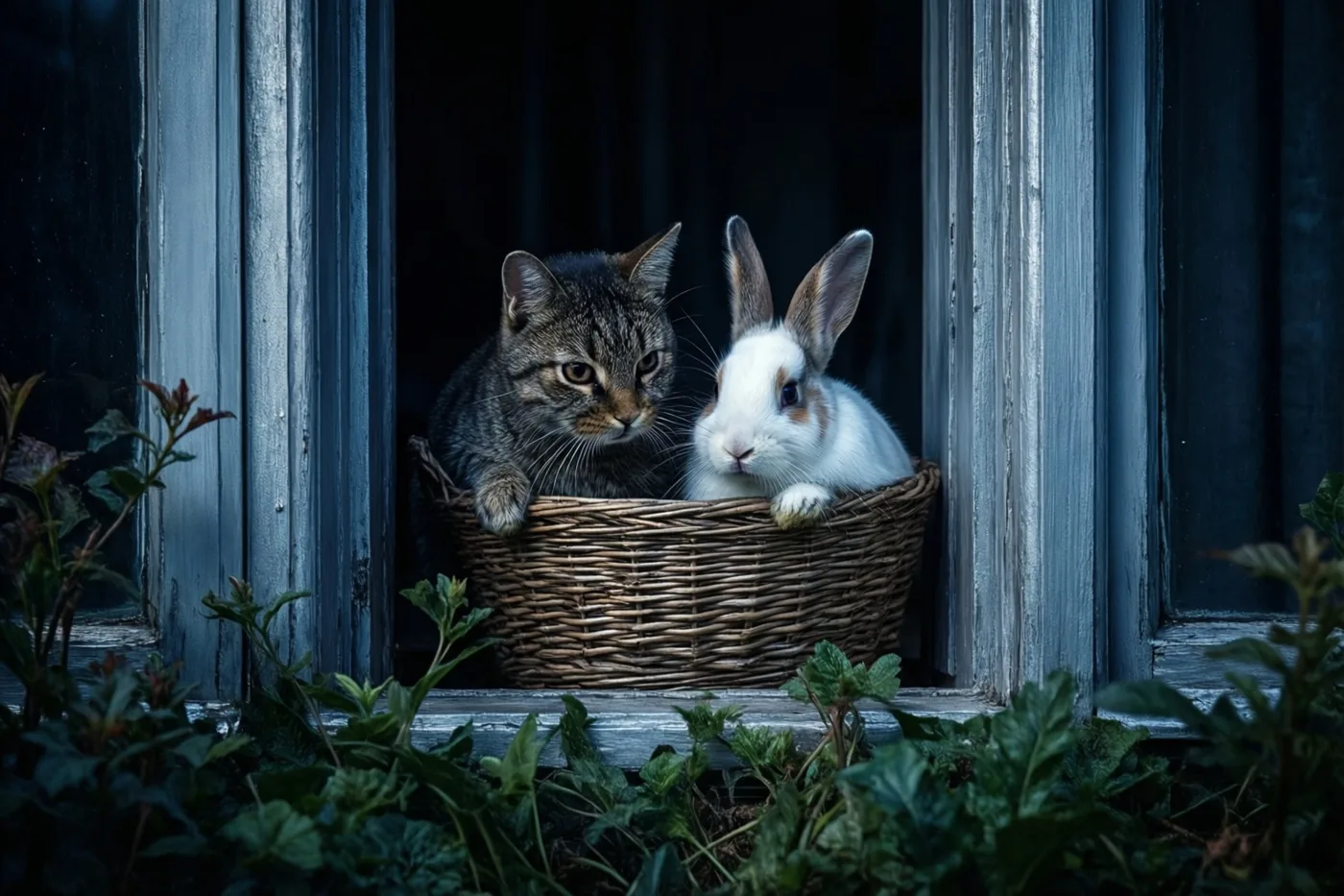 Een tijgerkat en een wit konijn zitten naast elkaar in een rieten mand op een vensterbank met een donkerblauw houten raamkader en groen op de voorgrond.