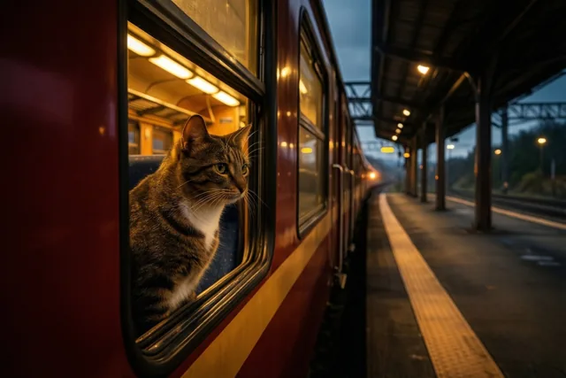 Een gestreepte kat met een witte borst kijkt uit een open raam van een vertrekkende trein, met warme trein- en stationslichten onder een blauwe schemerlucht.