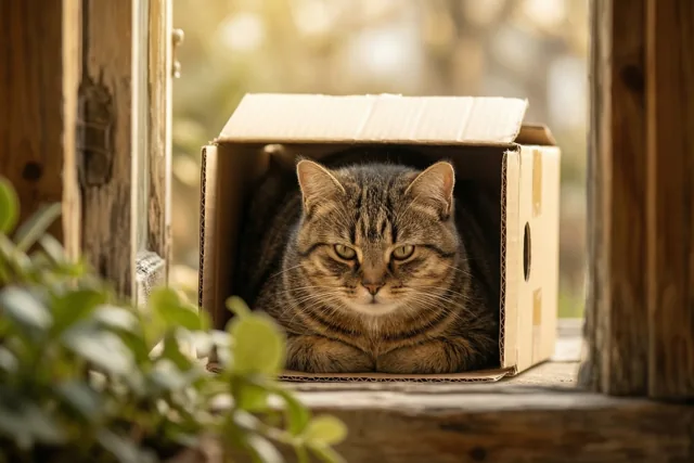 Een gestreepte kat zit in een kleine kartonnen doos op een houten vensterbank, met warm zonlicht en onscherp groen rondom.