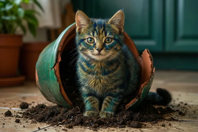 Een gestreepte kat met blauwe en groene tekening zit in een gebroken groene bloempot op een betegelde keukenvloer vol gemorste aarde.