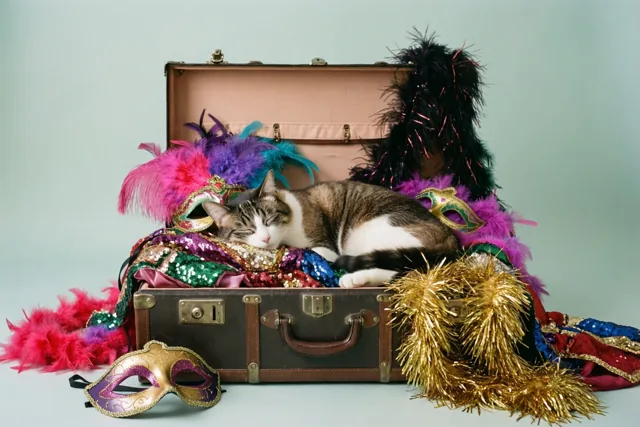 Een gestreepte kat slaapt in een open oude koffer vol kleurrijke carnavalskostuums, verenboa’s en maskers tegen een effen lichtblauwe achtergrond.