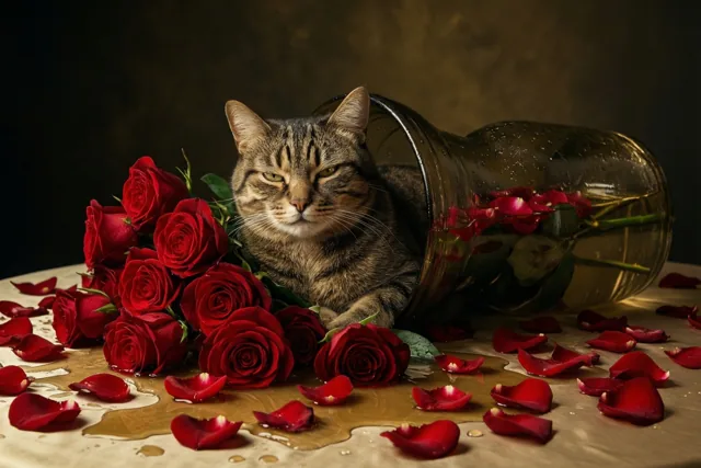 Een gestreepte kat ligt in een omgevallen glazen vaas met rode rozen tussen bloemblaadjes en gemorst water op een warm verlichte tafel tegen een donkere achtergrond met textuur.