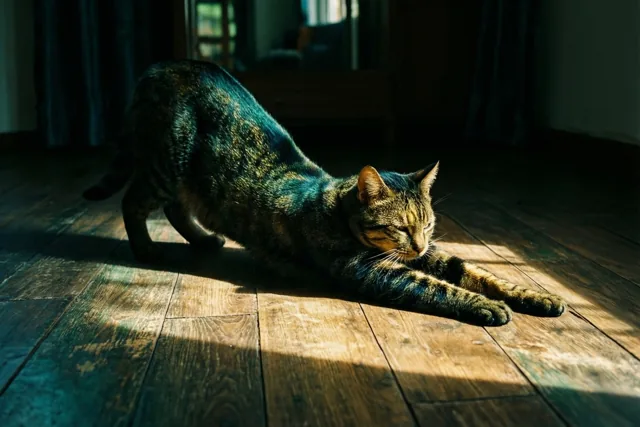 Een gestreepte kat rekt zich binnenshuis uit in een warme zonnevlek op een houten vloer.