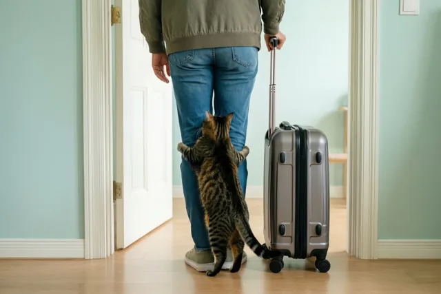 Een tijgerkat staat op haar achterpoten en klampt zich vast aan het been van een persoon in jeans en een jas met een zilverkleurige koffer bij een deuropening, in een kamer met lichtblauwe muren en een lichte houten vloer.