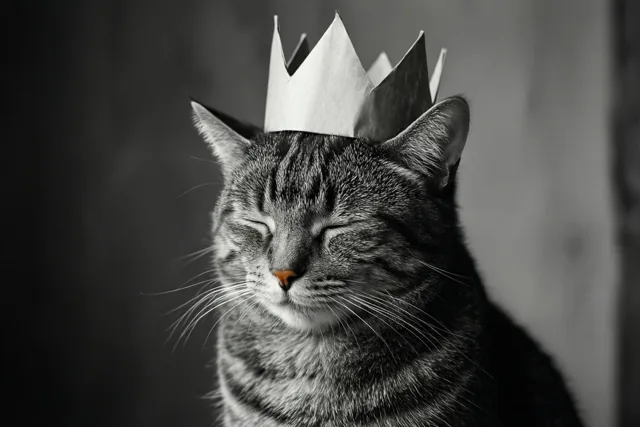 Een gestreepte kat met gesloten ogen draagt een papieren kroon die over haar ogen is gezakt, op een zwart-witfoto met een donkere, wazige achtergrond.