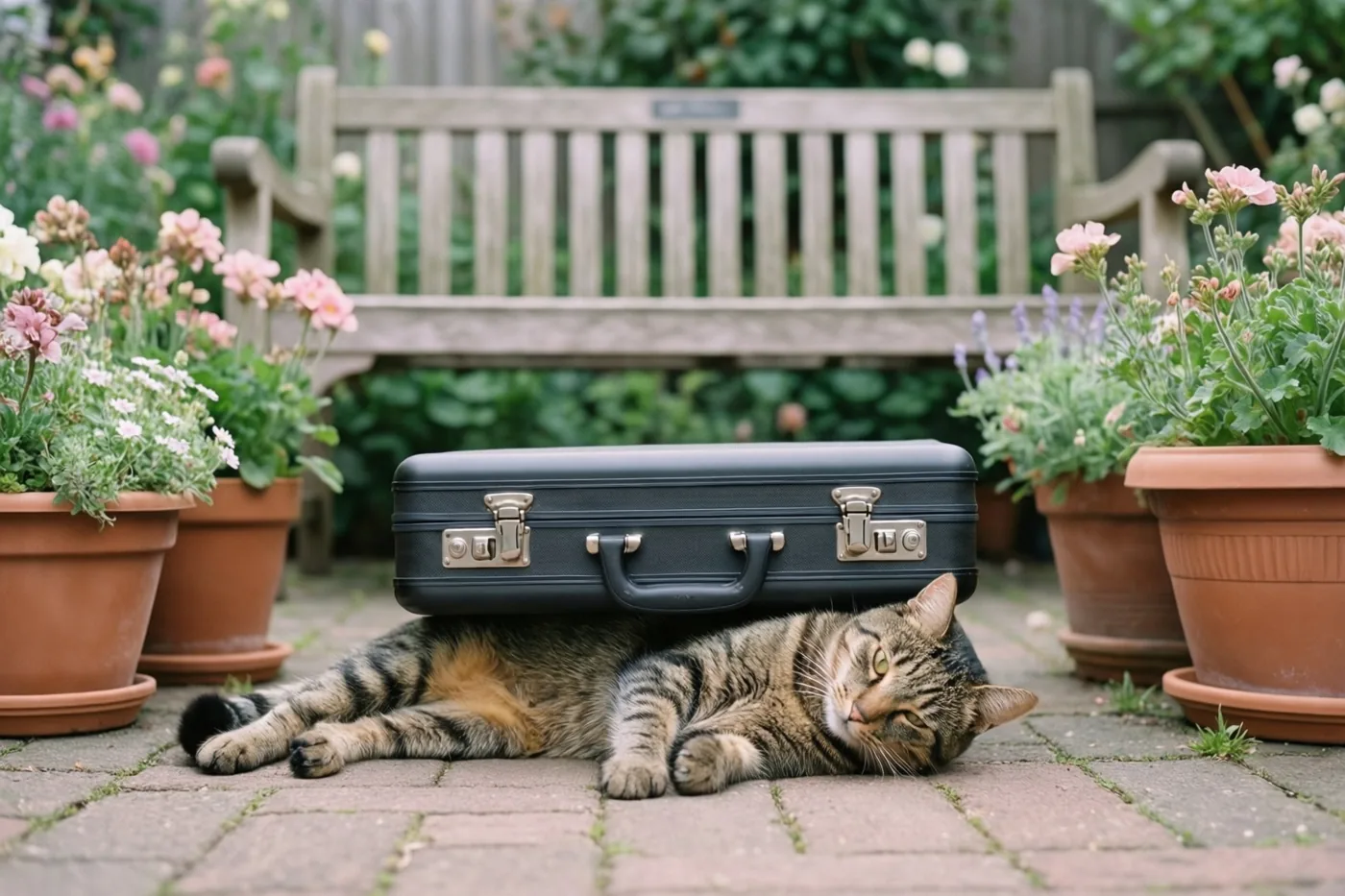 Een tijgerkat ligt languit op een verhard tuinpad met een zwarte aktetas op haar rug, omringd door bloempotten en met een houten bank op de achtergrond.