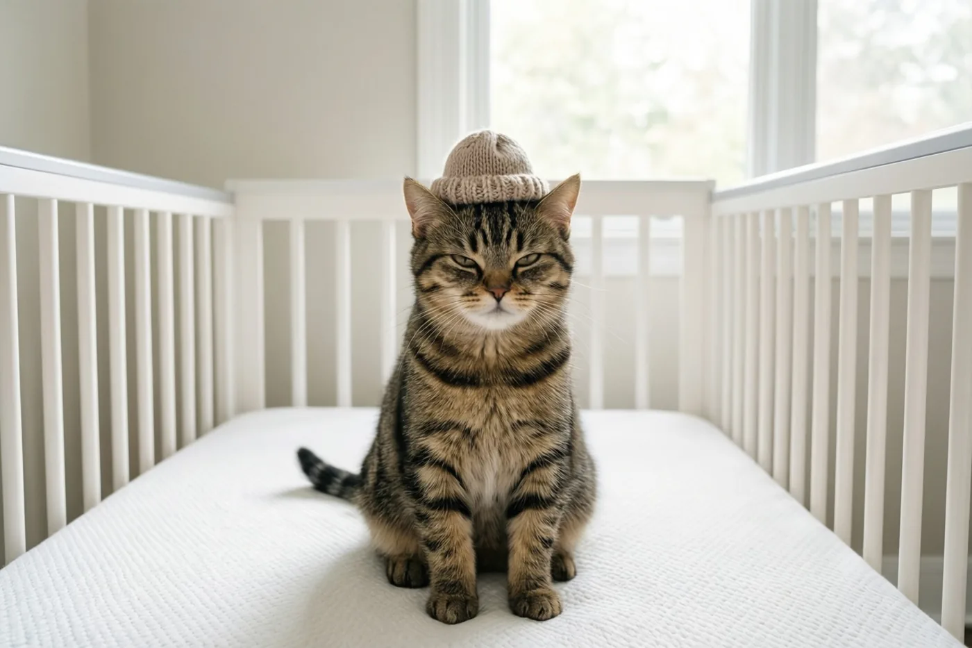 Een gestreepte kat met een klein gebreid babymutsje zit in een wit babybedje met zacht daglicht uit het raam erachter.