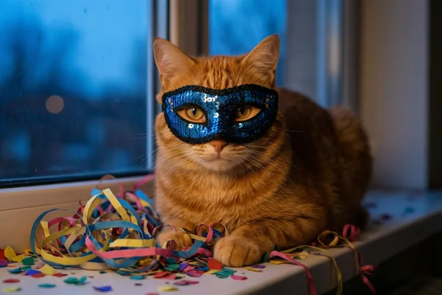 Een rosse kat met een blauw paillettenmasker zit op een vensterbank tussen kleurrijke papieren slingers en confetti, voor een blauwgetint raam.