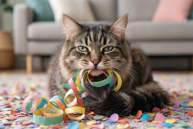 Een gestreepte kat met blauwe ogen ligt op een tapijt tussen confetti, met kleurrijke papieren serpentijnen rond haar bek en hals en een onscherpe zetel met kussens op de achtergrond.