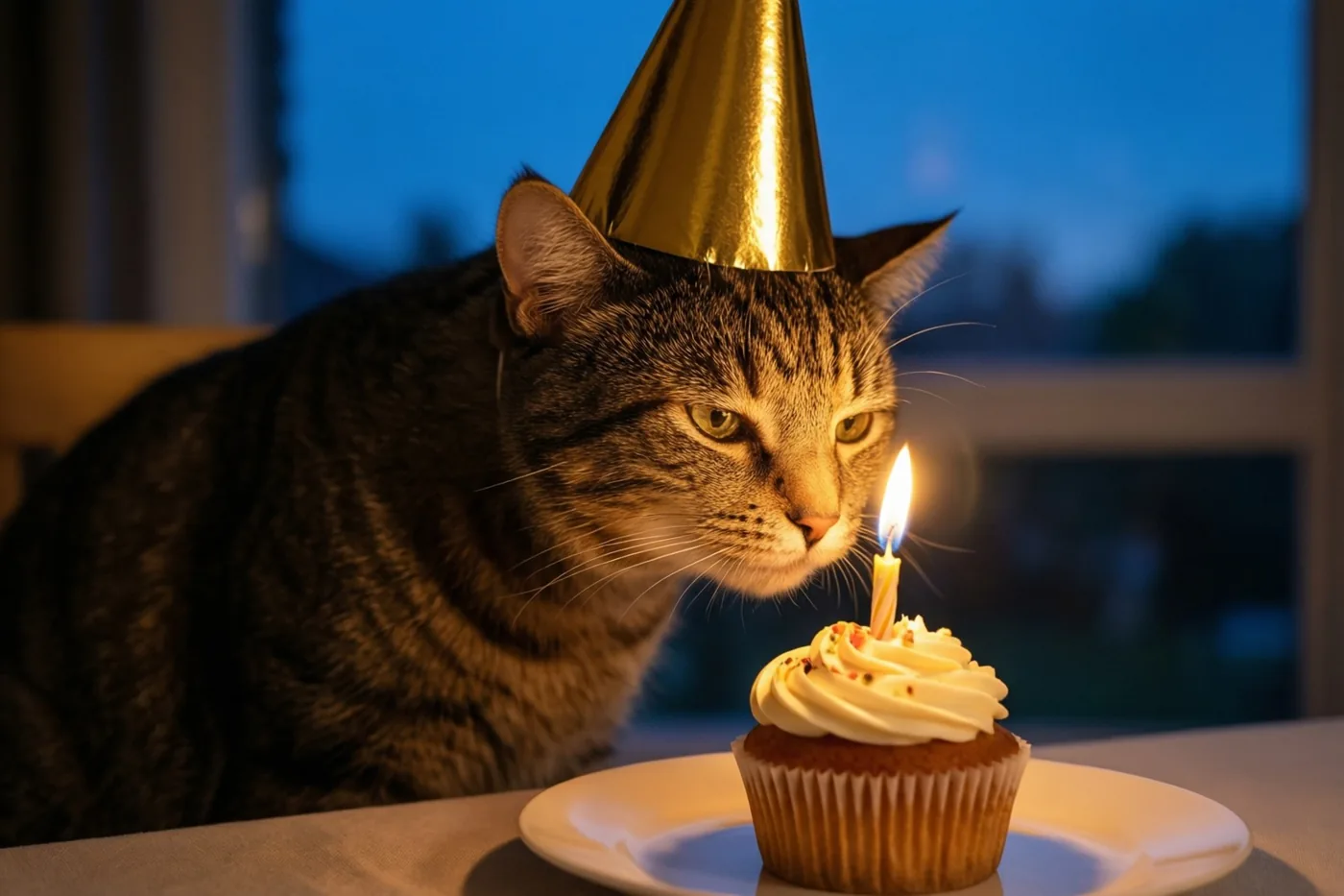 Een gestreepte kat met een gouden feesthoedje snuffelt aan een cupcake met één brandend kaarsje op een wit bord, met een blauw raam op de achtergrond in de schemering.