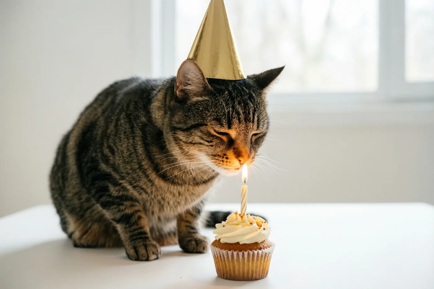 Een gestreepte kat met een gouden feesthoedje snuffelt aan een cupcake met één brandend kaarsje op een wit oppervlak, met helder daglicht uit een raam op de achtergrond.