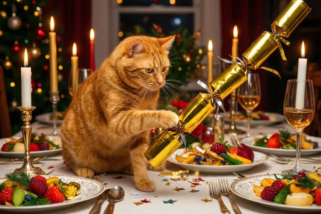 Een rosse kat zit op een feestelijk gedekte tafel en tikt tegen een grote gouden knalbonbon, omringd door borden eten, wijnglazen en brandende kaarsen.